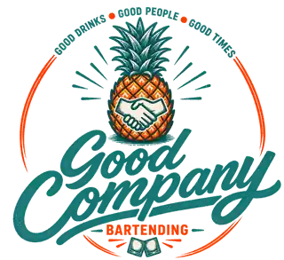 Good Company Bartending logo: a pineapple with a handshake, the tagline Good drinks, good people, good times.